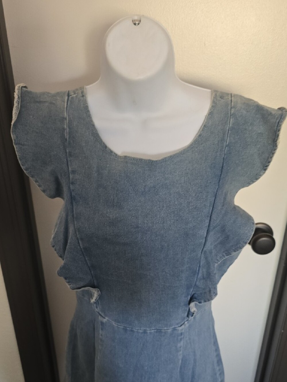 Denim Ruffle Hem Sleeveless Dress - Light Blue - Picture 3 of 4